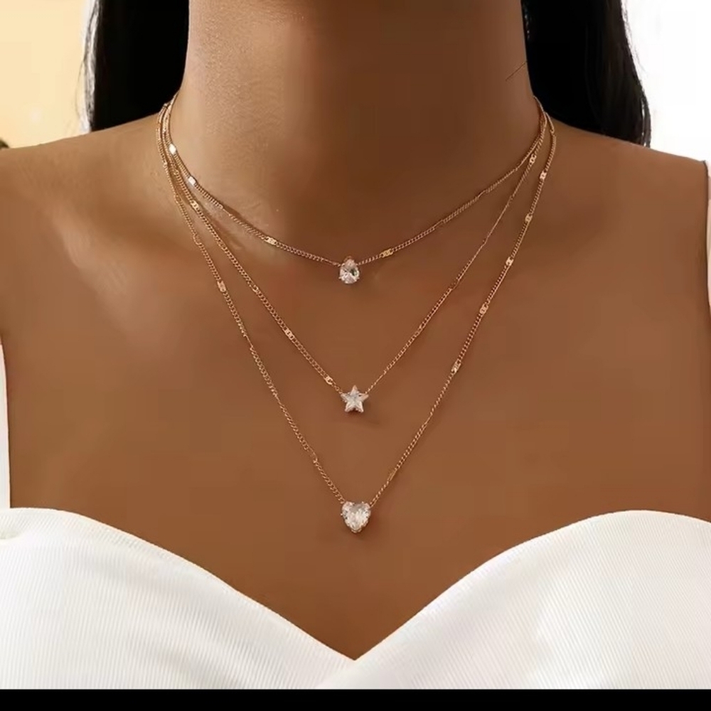 Layered Necklace Gold Heart Star Women's New f78‎